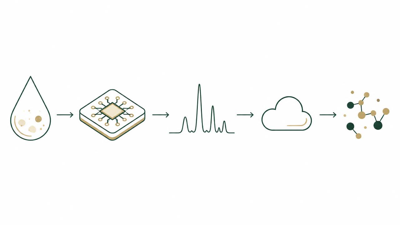 QES signal chain diagram: sample → interface → spectrum → cloud → analytes